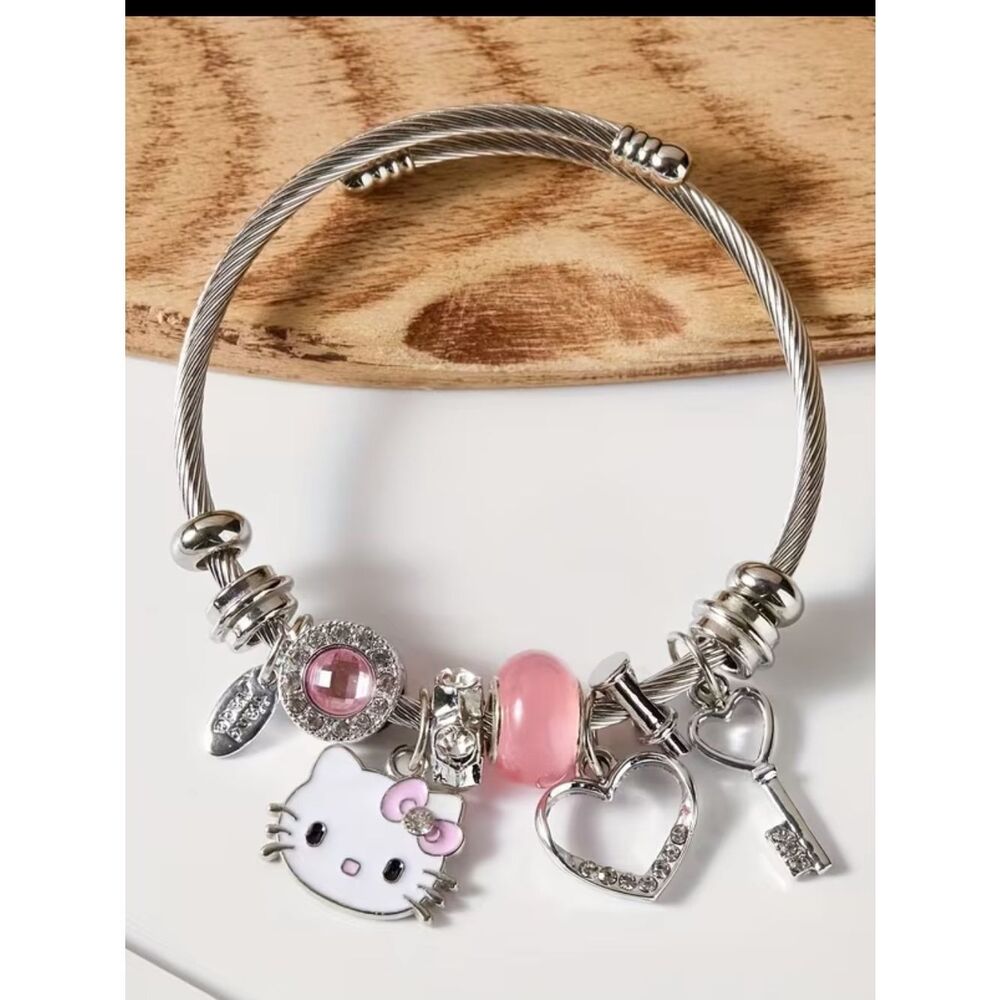 Hello Kitty Pink & Silver Charm Bangle Bracelet